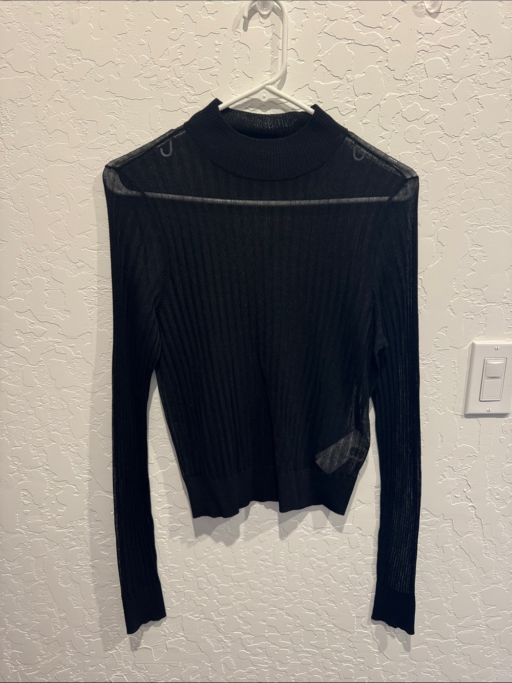 Madewell Black Sheer Ribbed Long-Sleeve Mock Neck Top